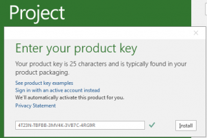 enter project 2016 product key at first use